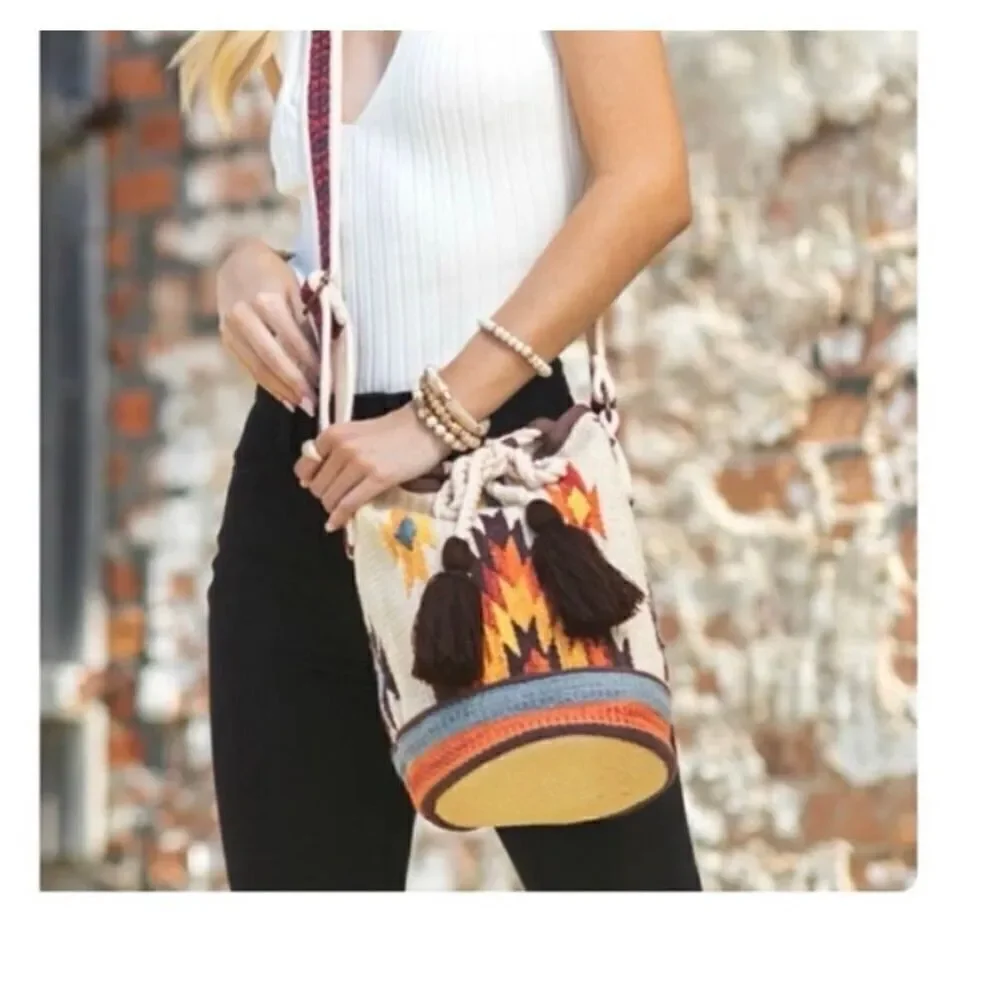 Ruggine Hand Woven Aztec Inspired Boho Bucket Bag With Shoulder Crossbody Strap